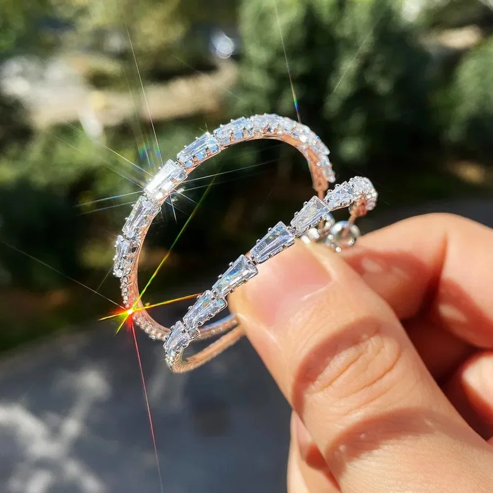 NEW 925 STERLING SILVER HOOP WHITE SAPPHIRE EARRINGS - Picture 2 of 9